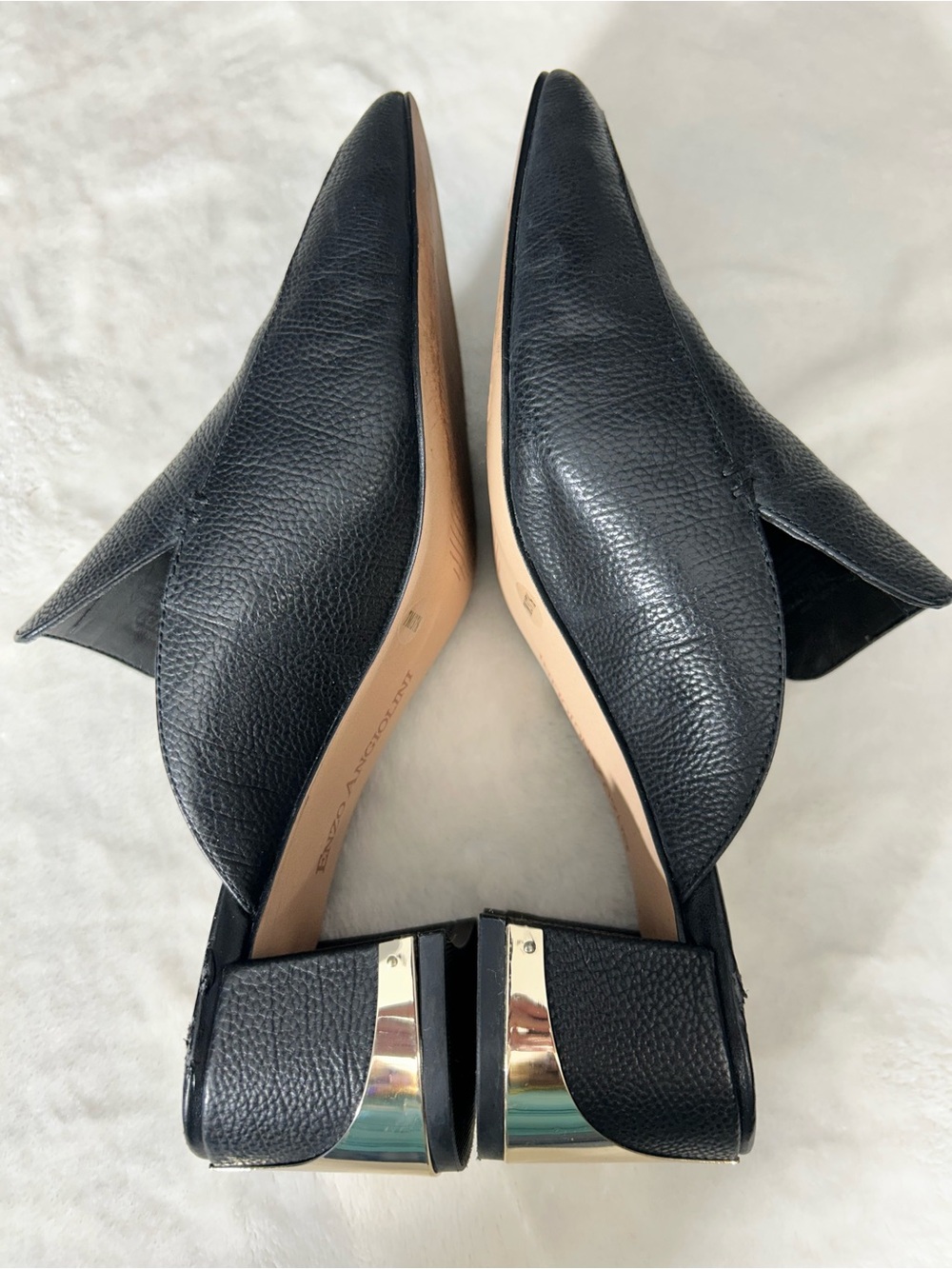Enzo Angiolini Black Pointed Leather Backless Mules Gold Details Size 7 - Picture 8 of 14